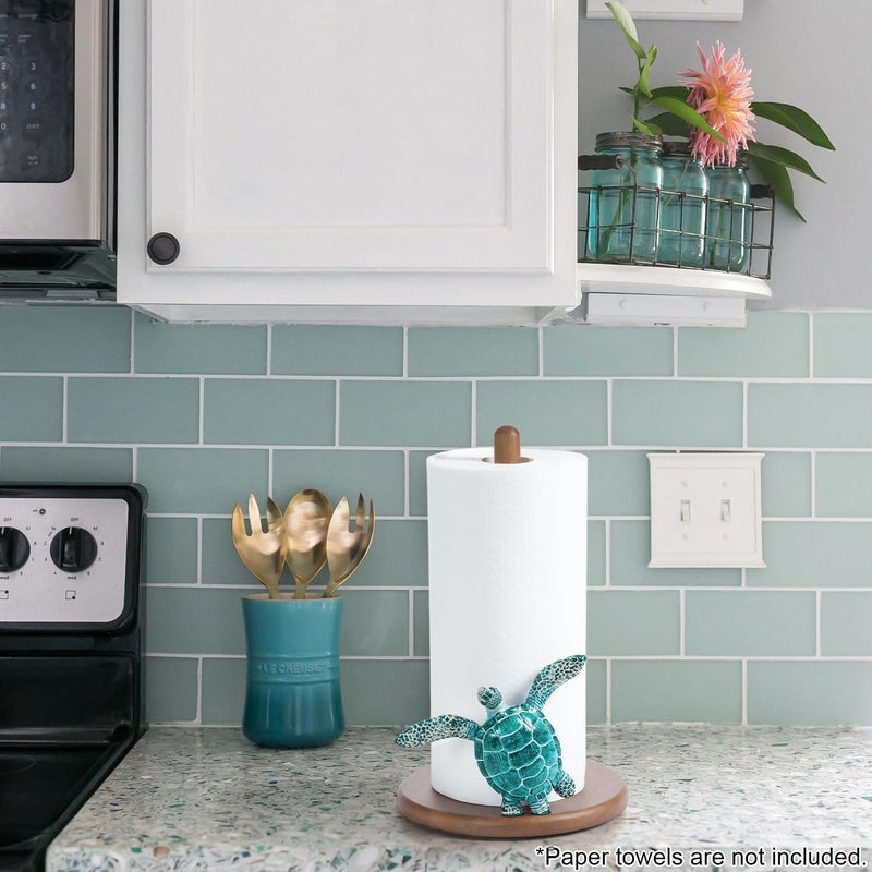 YLOVAN Turtle Paper Towel Holder - Coastal Decor for Home Ocean Decor Beach House Beachy Themed, Sea Turtle Gifts for Women, Cute Decorative Paper Towel Holder Stand Countertop Kitchen Nautical Teal Wood - Image 2